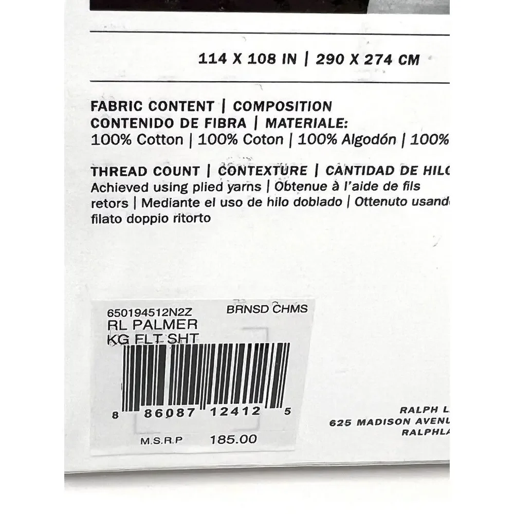 Ralph Lauren Palmer Percale Cotton King Flat Sheet White BRNSD CHMS NIP